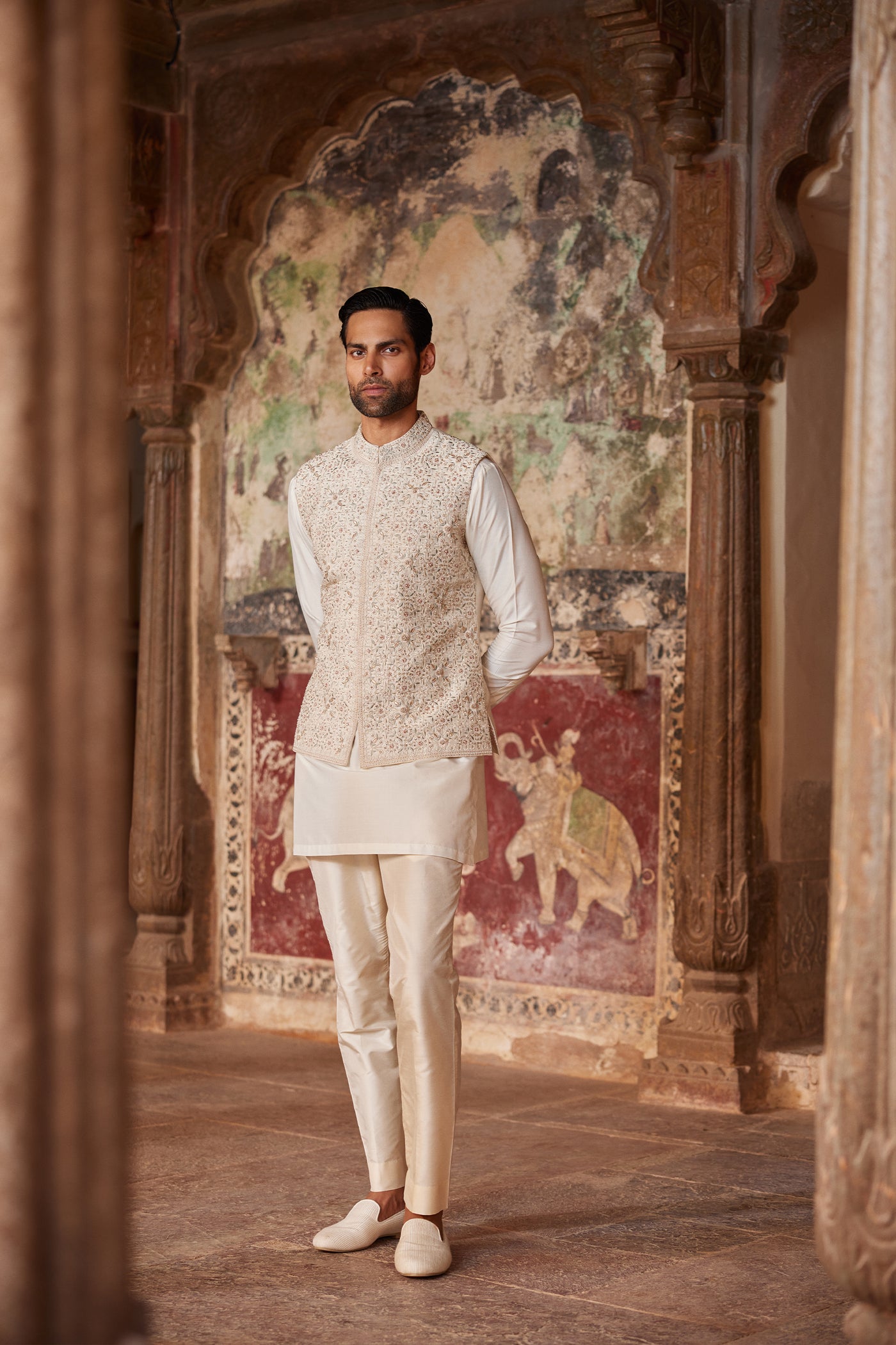 Anita Dongre Menswear Suwayd Embroidered Silk Nehru Jacket Ivoryindian designer wear online shopping melange singapore
