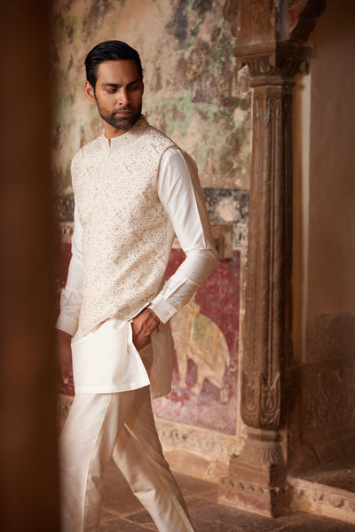 Anita Dongre Menswear Suwayd Embroidered Silk Nehru Jacket Ivoryindian designer wear online shopping melange singapore
