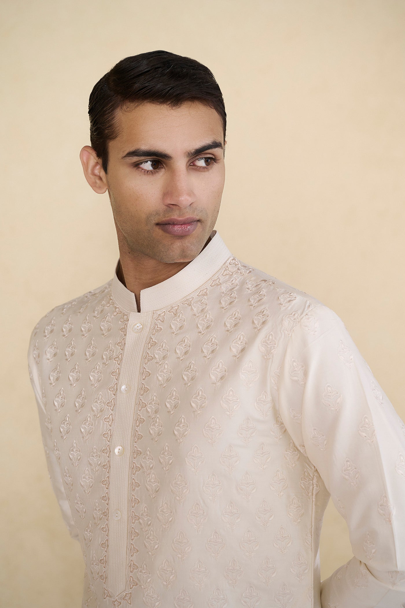 Anita Dongre Menswear Tuhin Embroidered Silk Kurta Ivory indian designer wear online shopping melange singapore