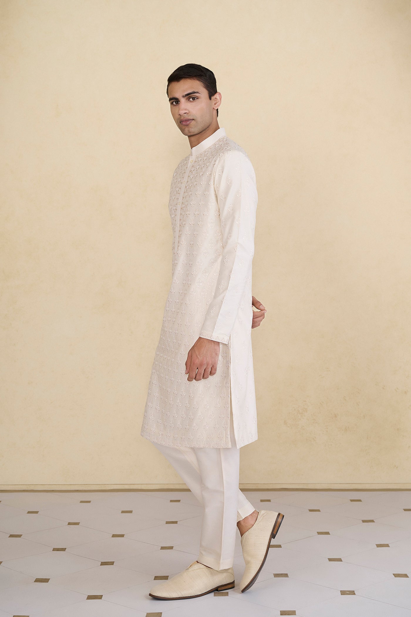 Anita Dongre Menswear Tuhin Embroidered Silk Kurta Ivory indian designer wear online shopping melange singapore