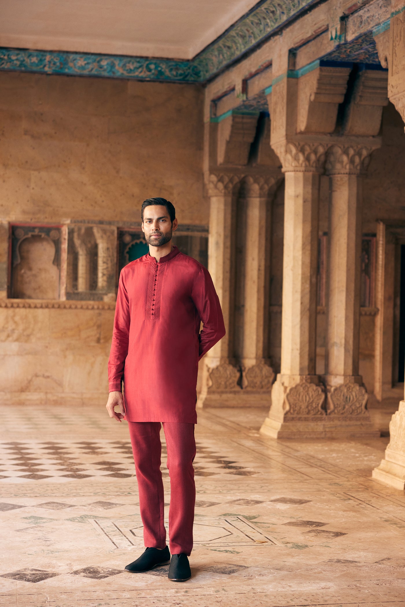 Anita Dongre Menswear Tuhin Silk Kurta Maroon indian designer wear online shopping melange singapore