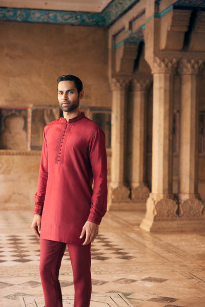 Anita Dongre Menswear Tuhin Silk Kurta Maroon indian designer wear online shopping melange singapore