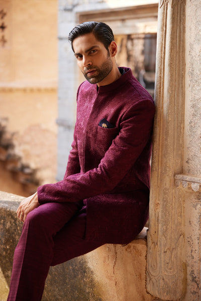 Anita Dongre Menswear Uprag Embroidered Silk Bandhgala Plum indian designer wear online shopping melange singapore