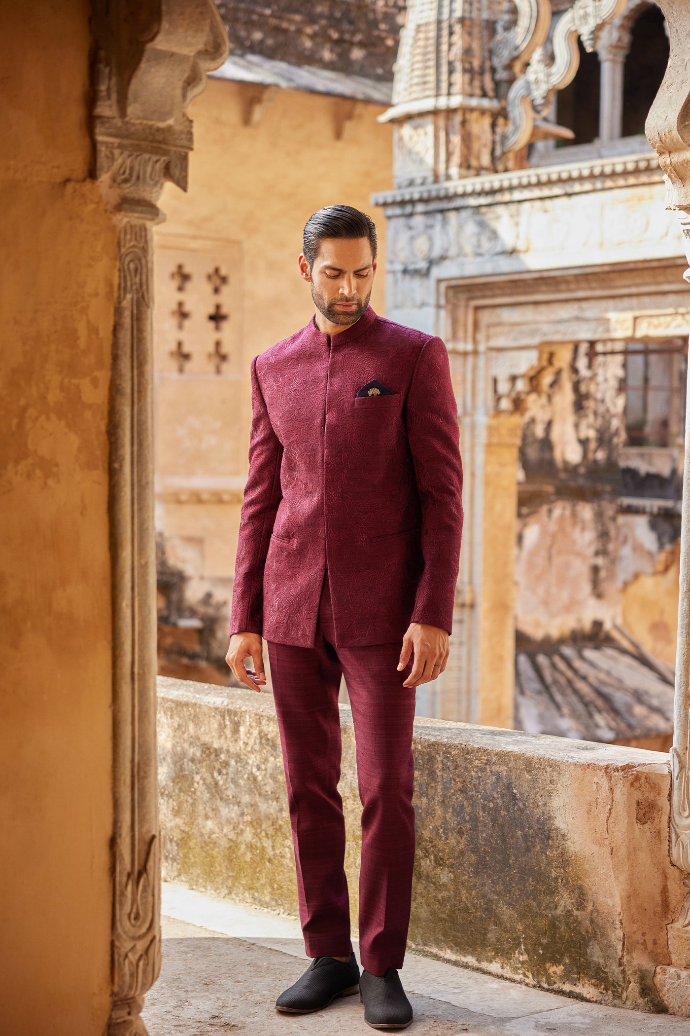 Anita Dongre Menswear Uprag Embroidered Silk Bandhgala Plum indian designer wear online shopping melange singapore