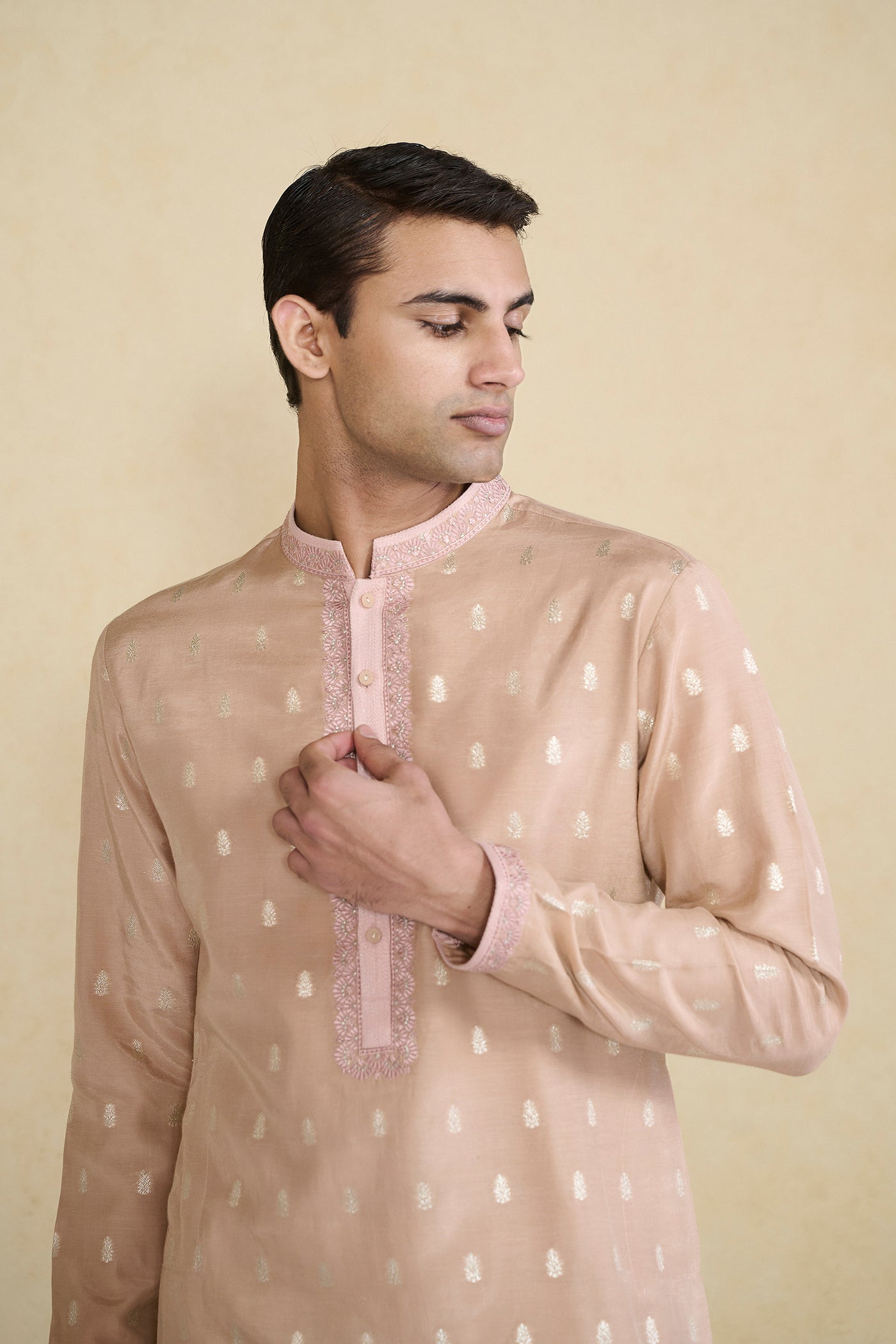 Anita Dongre Menswear Vinil Handwoven Benarasi Silk Kurta Pink indian designer wear online shopping melange singapore