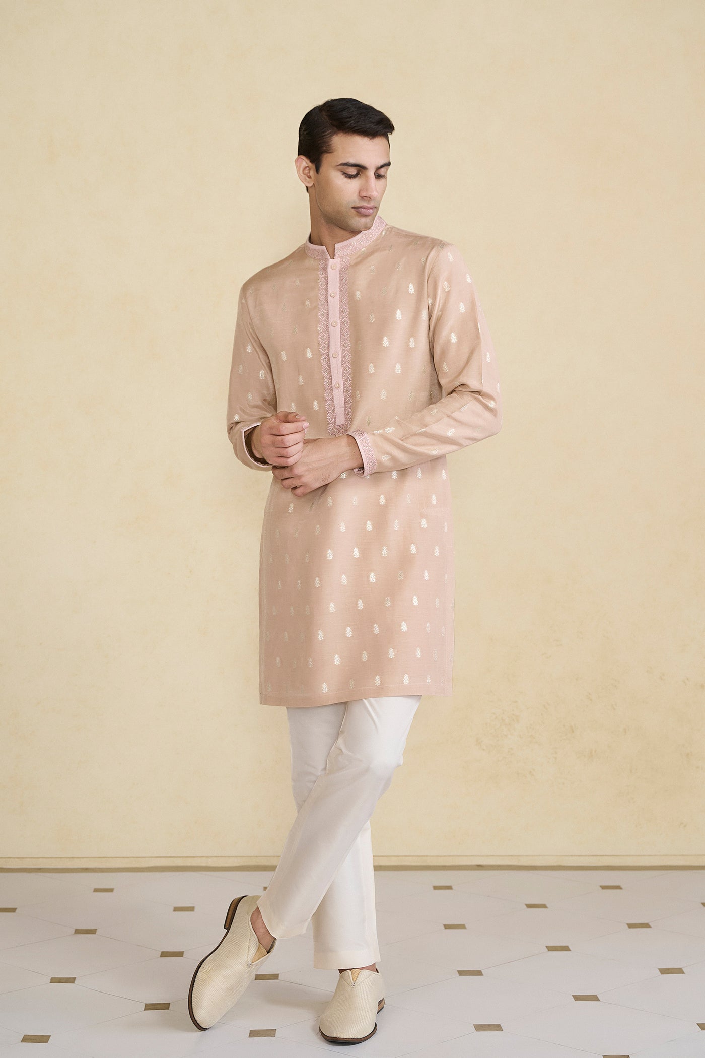 Anita Dongre Menswear Vinil Handwoven Benarasi Silk Kurta Pink indian designer wear online shopping melange singapore