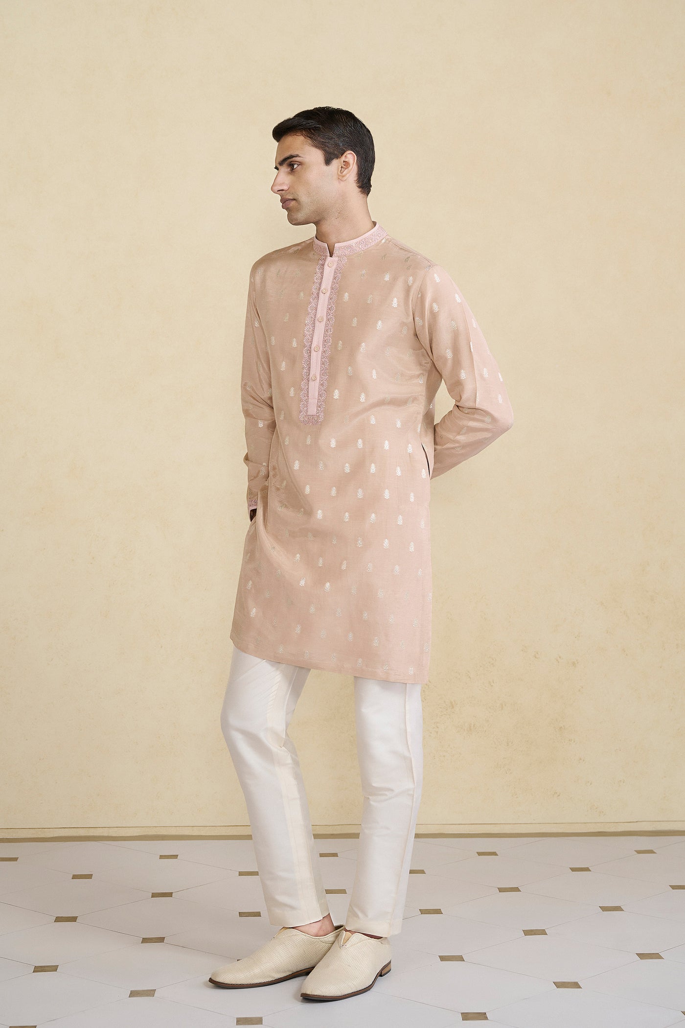 Anita Dongre Menswear Vinil Handwoven Benarasi Silk Kurta Pink indian designer wear online shopping melange singapore