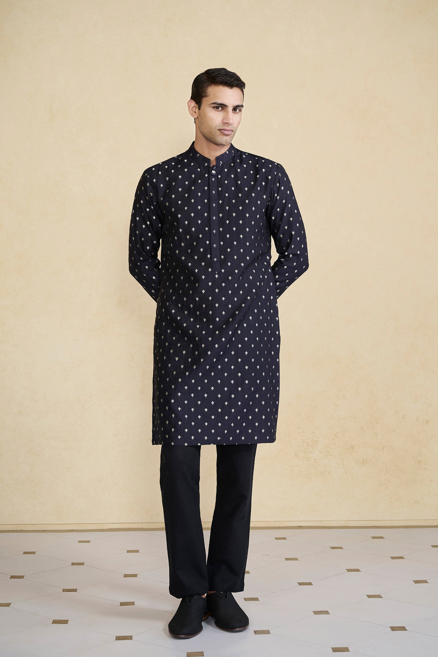 Anita Dongre Menswear Zamurad Handwoven Benarasi Silk Kurta Black indian designer wear online shopping melange singapore