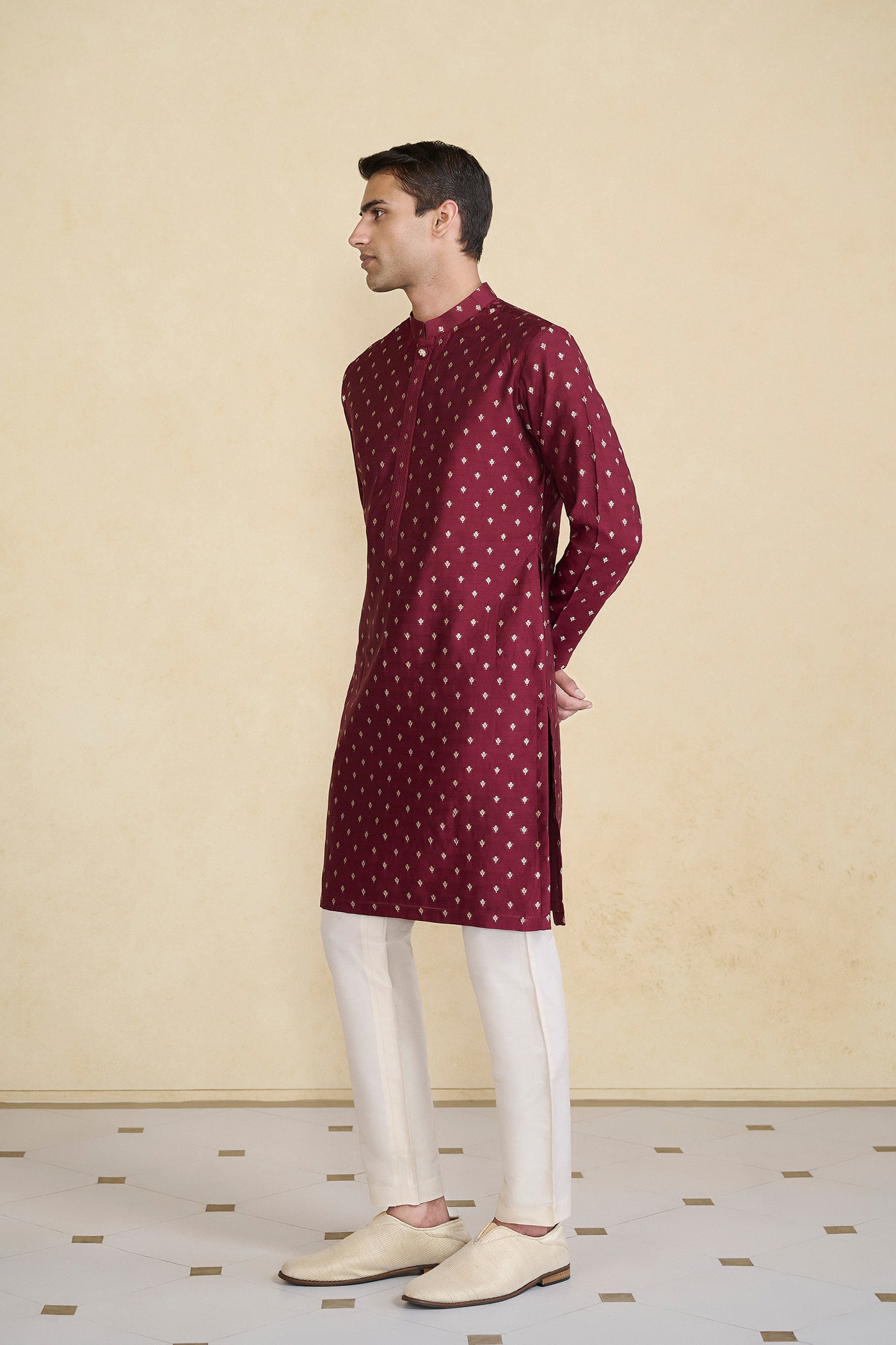 Anita Dongre Menswear Zamurad Handwoven Benarasi Silk Kurta Plum indian designer wear online shopping melange singapore
