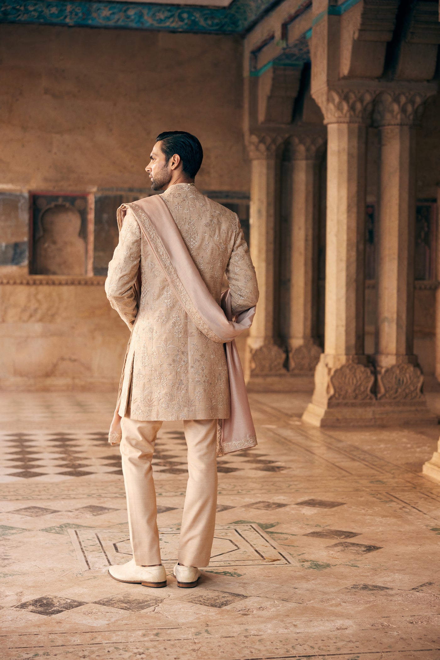 Anita Dongre Menswear Zimraan Hand-embroidered Silk Sherwani Beige indian designer wear online shopping melange singapore
