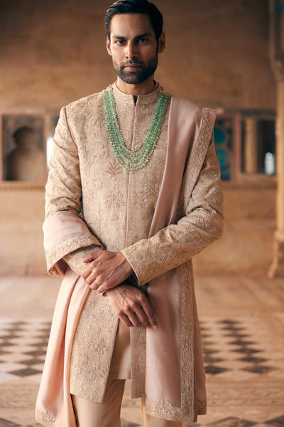 Anita Dongre Menswear Zimraan Hand-embroidered Silk Sherwani Beige indian designer wear online shopping melange singapore
