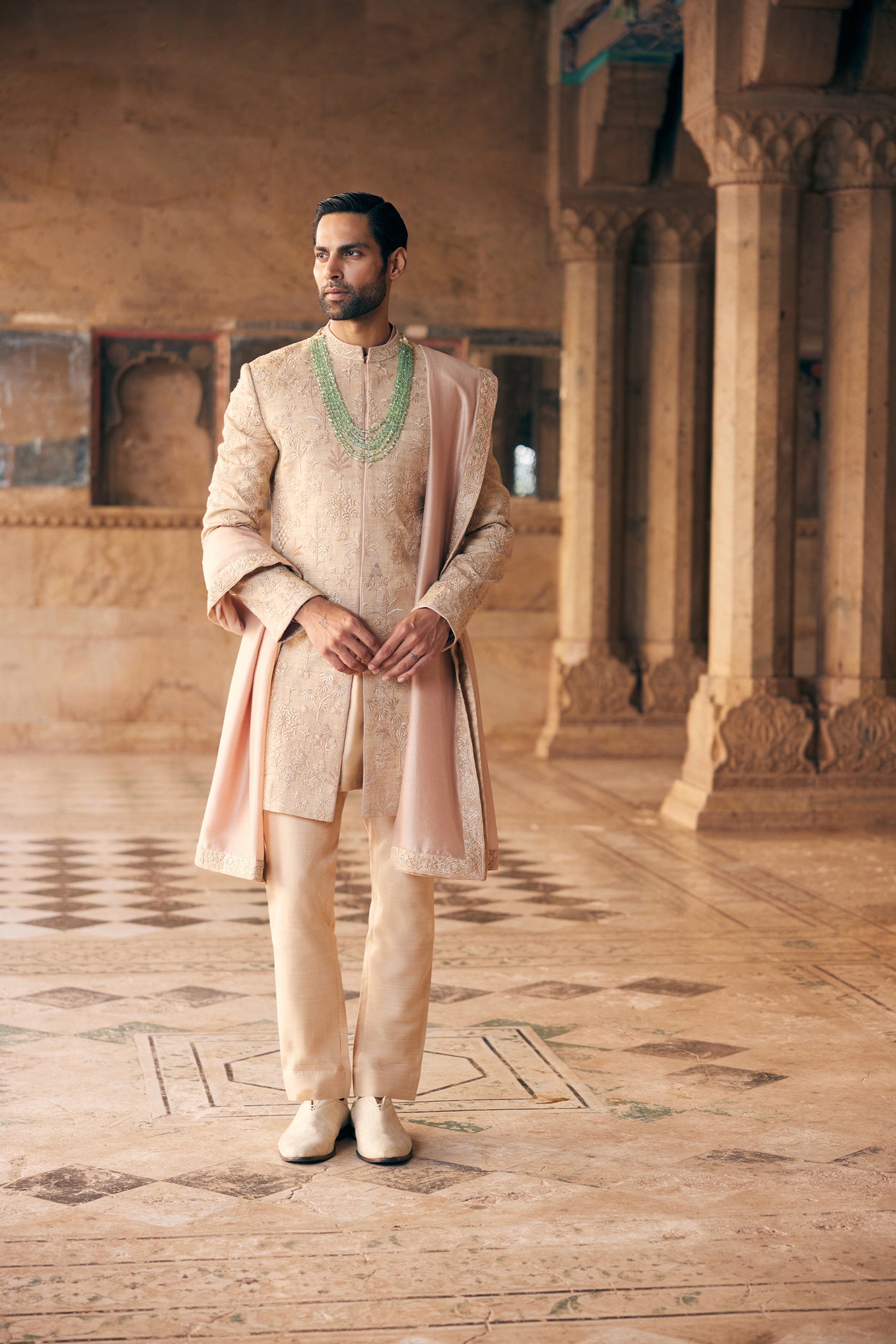 Anita Dongre Menswear Zimraan Hand-embroidered Silk Sherwani Beige indian designer wear online shopping melange singapore
