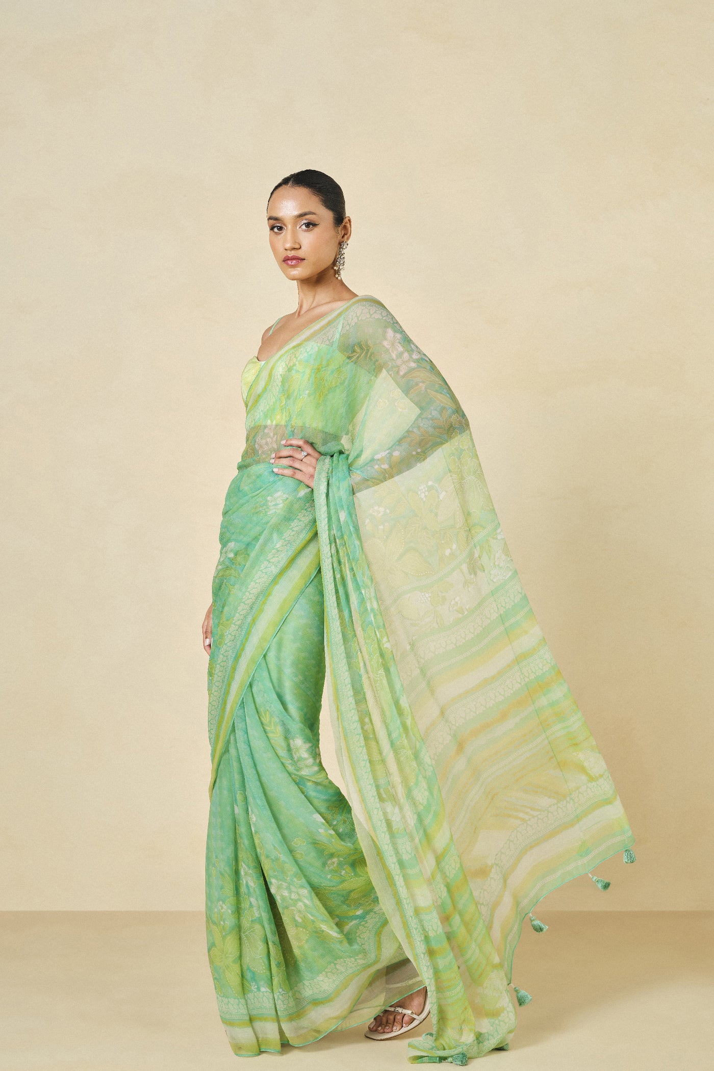 Anita Dongre Oreka Chiffon Saree Lime indian designer wear online shopping melange singapore