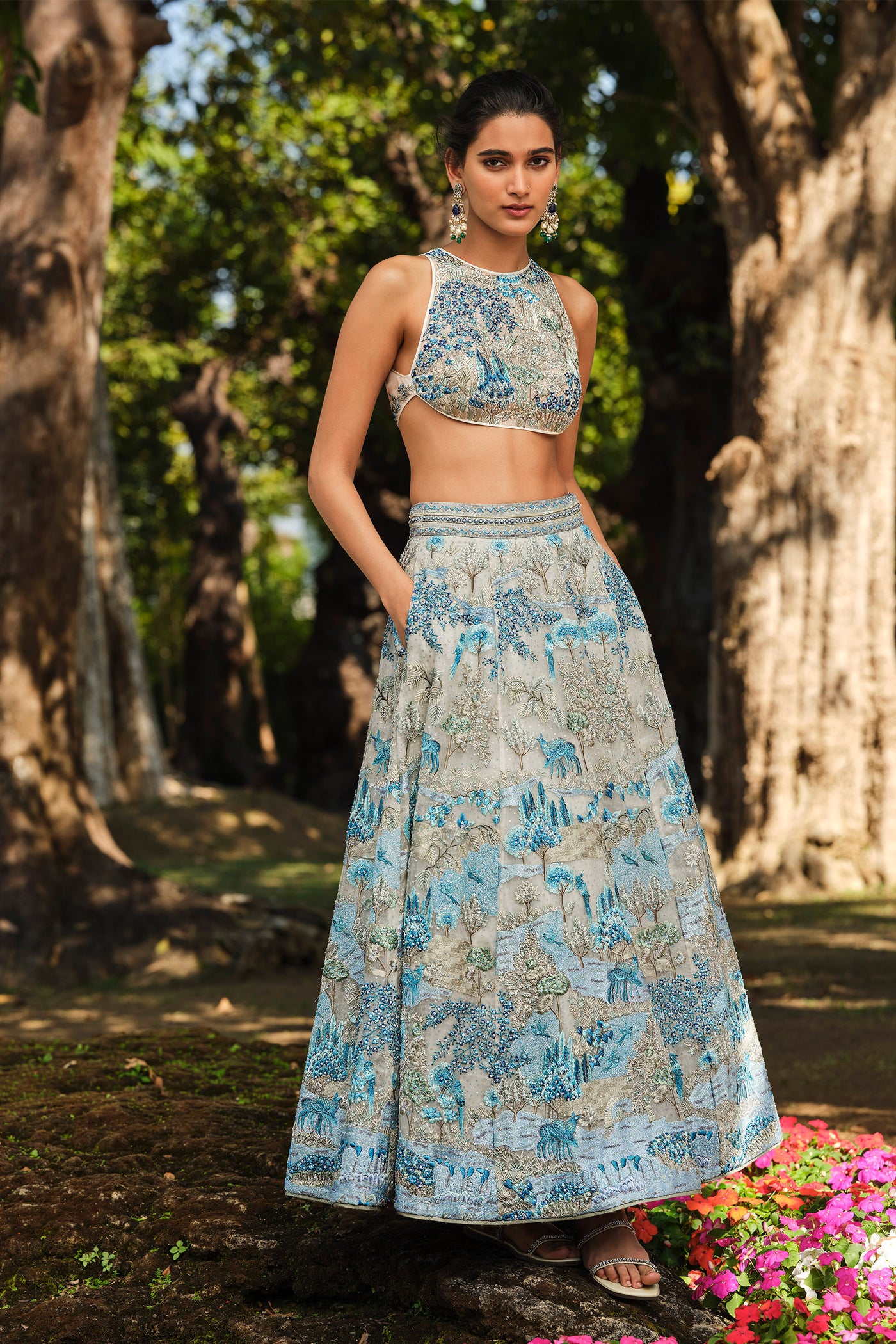 Anita Dongre Riverine Resham Silk Skirt Set Natural indian designer wear online shopping melange singapore