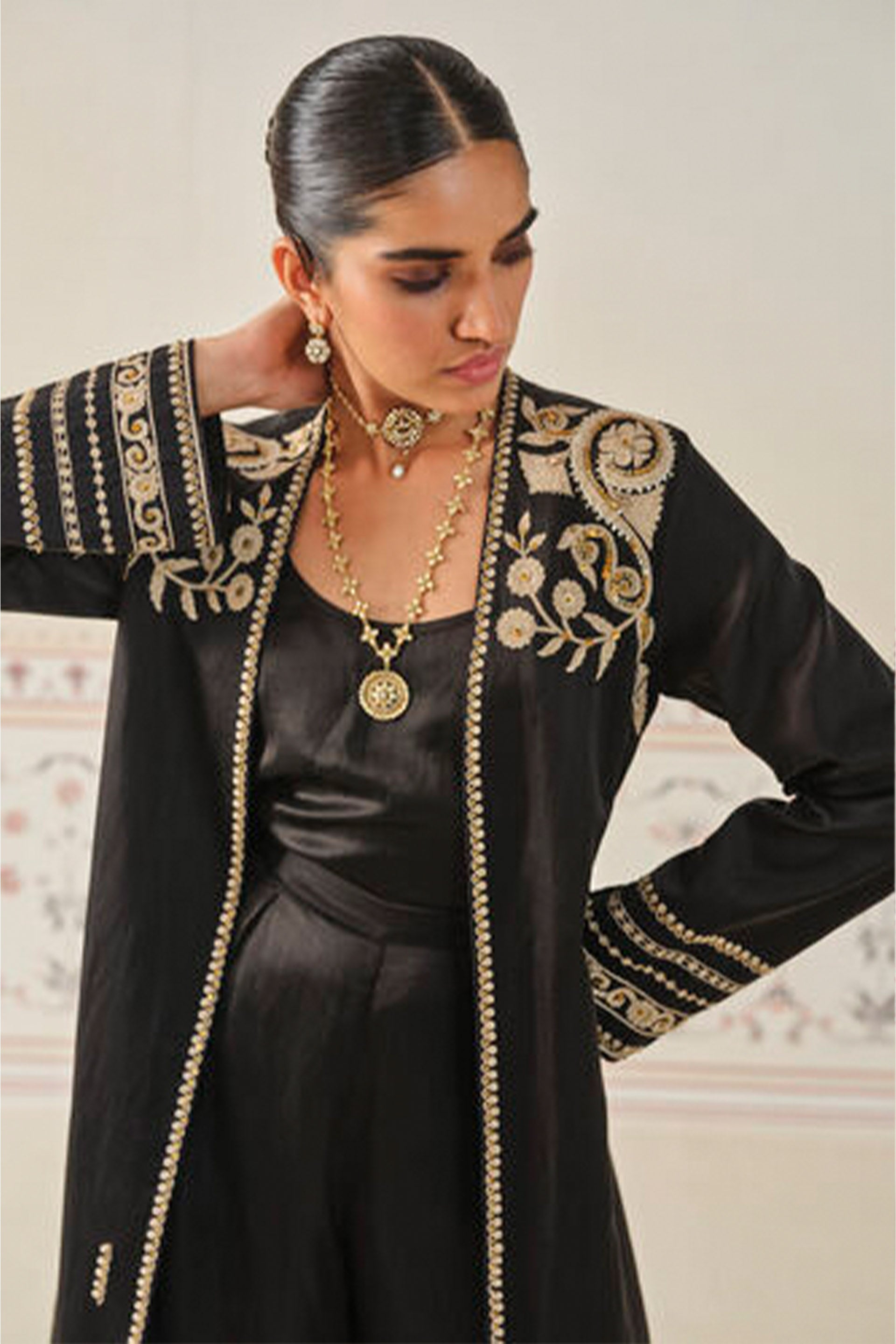 Anita Dongre Saanjh Embroidered Cord Long Jacket Set Black indian designer wear online shopping melange singapore