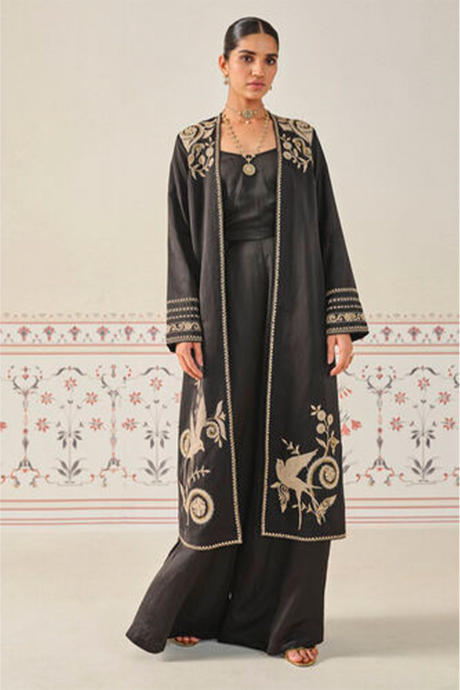 Anita Dongre Saanjh Embroidered Cord Long Jacket Set Black indian designer wear online shopping melange singapore