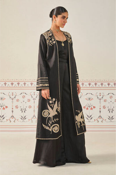 Anita Dongre Saanjh Embroidered Cord Long Jacket Set Black indian designer wear online shopping melange singapore