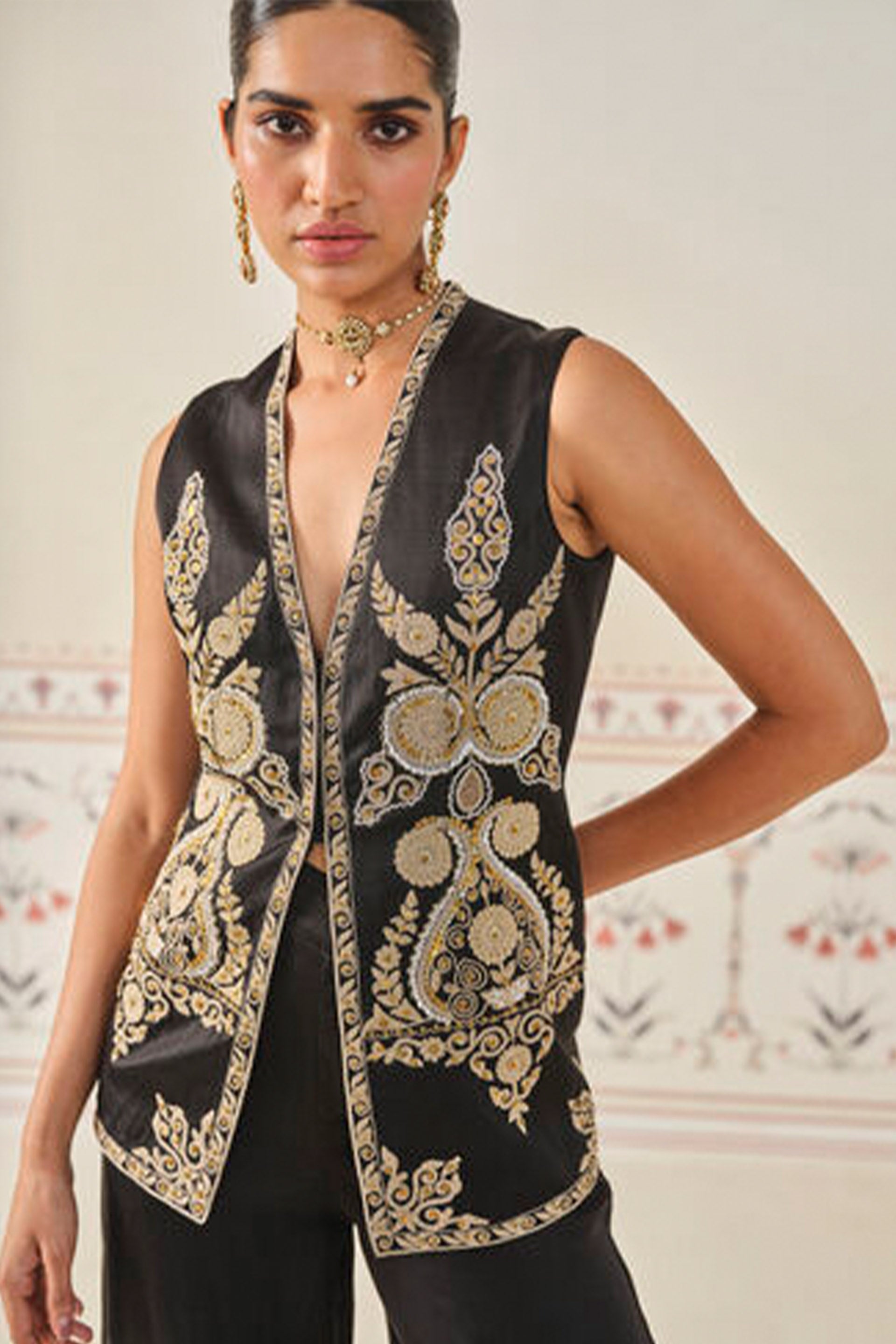 Anita Dongre Saanjh Embroidered Cord Short Jacket Set Black indian designer wear online shopping melange singapore