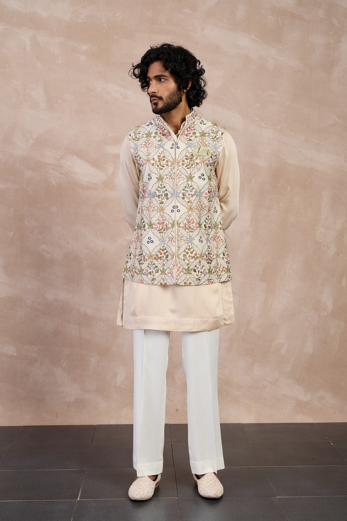 Arjan Dugal Bloom Nehru Jacket Set Champagne indian designer wear online shopping melange singapore
