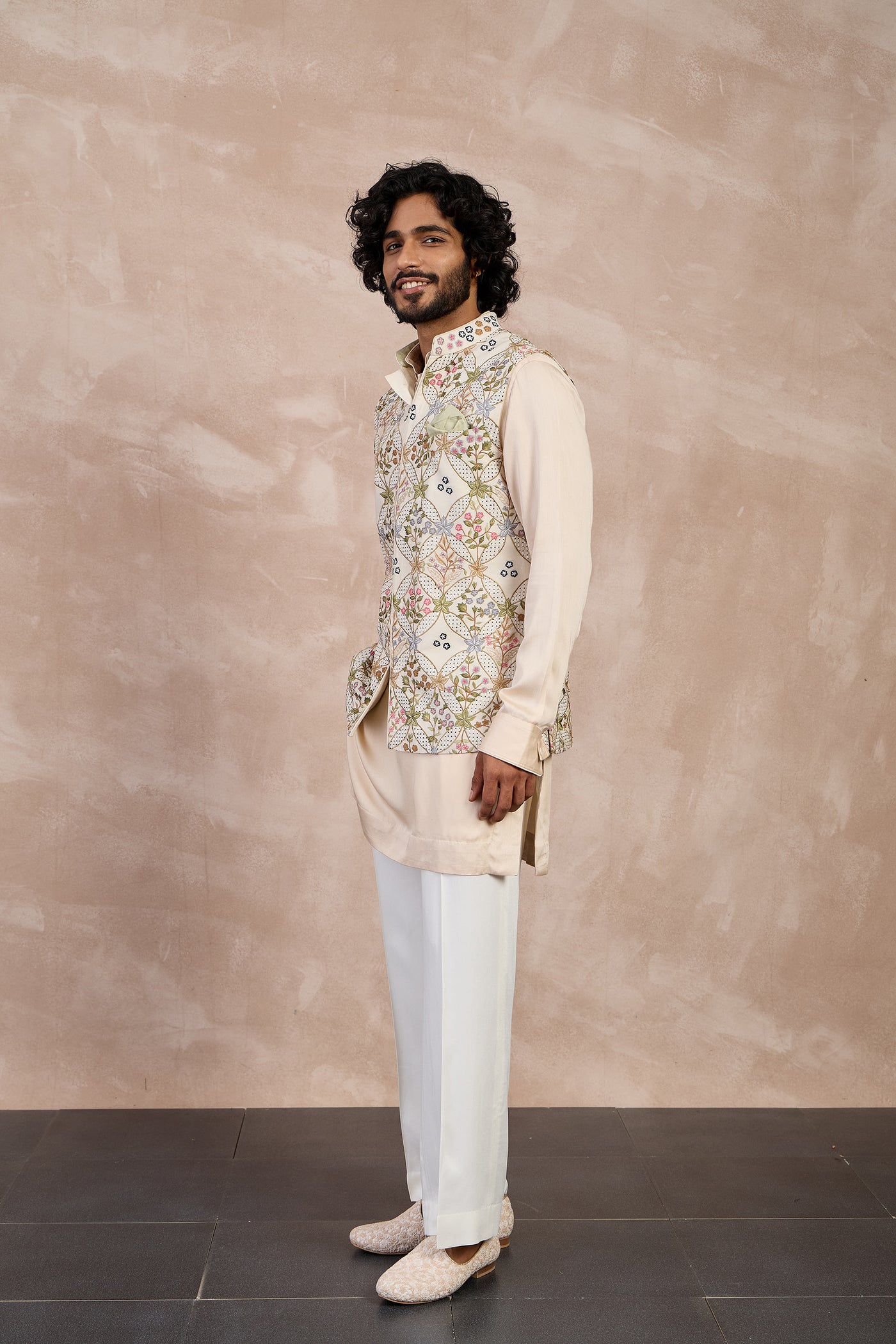 Arjan Dugal Bloom Nehru Jacket Set Champagne indian designer wear online shopping melange singapore
