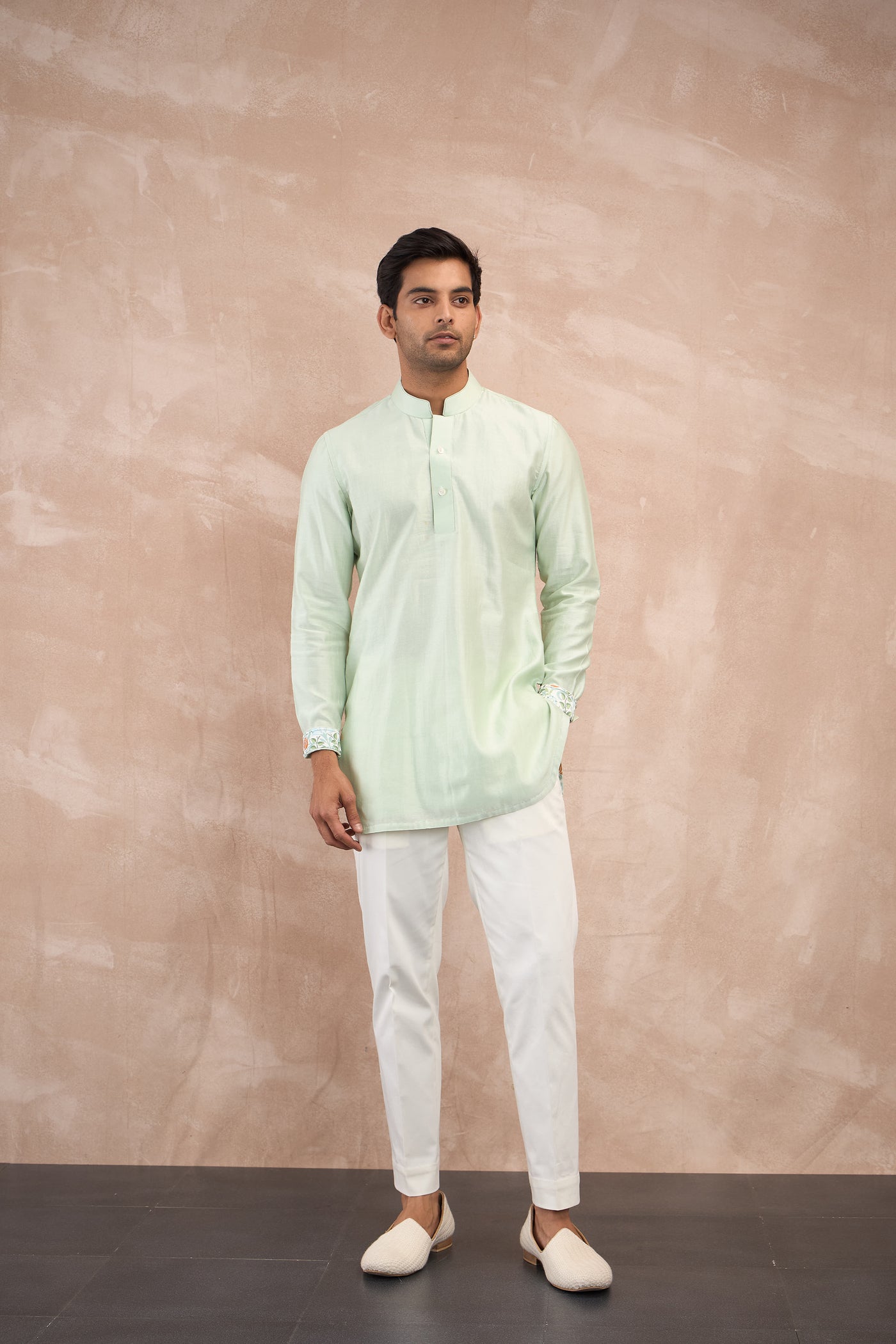 Arjan Dugal Chanderi Silk Edge Cut Kurta Shirt Set indian designer wear online shopping melange singapore