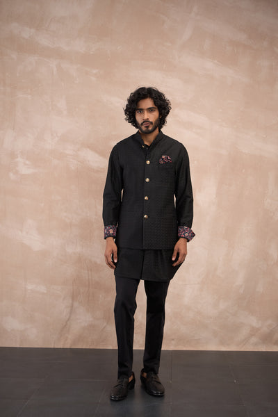 Arjan Dugal Inara Motif Nehru Jacket Set Black indian designer wear online shopping melange singapore