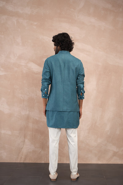 Arjan Dugal Inara Motif Nehru Jacket Set Turquoise indian designer wear online shopping melange singapore