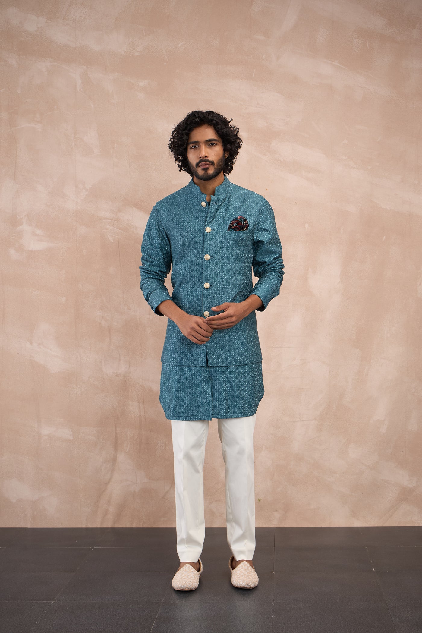 Arjan Dugal Inara Motif Nehru Jacket Set Turquoise indian designer wear online shopping melange singapore