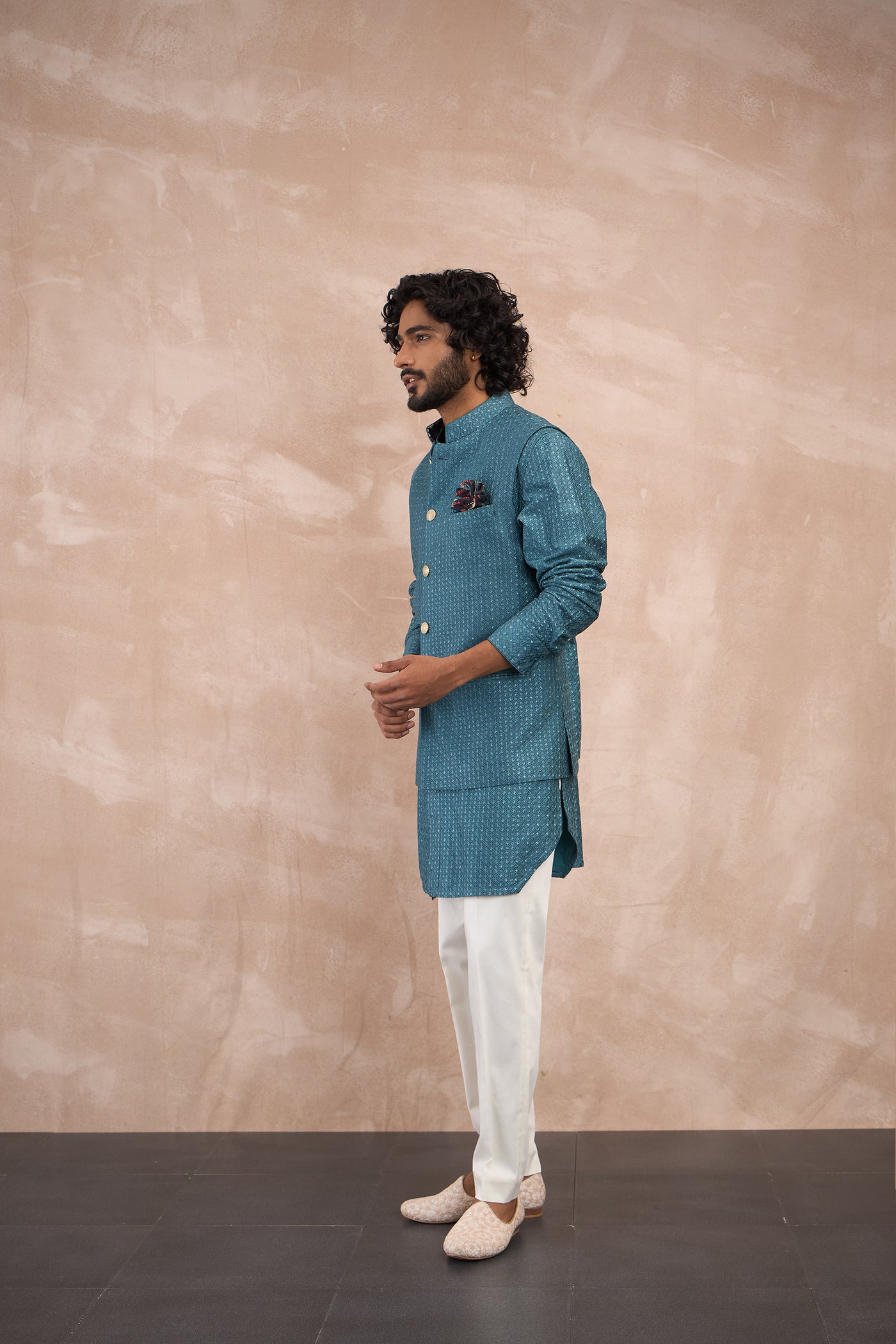 Arjan Dugal Inara Motif Nehru Jacket Set Turquoise indian designer wear online shopping melange singapore