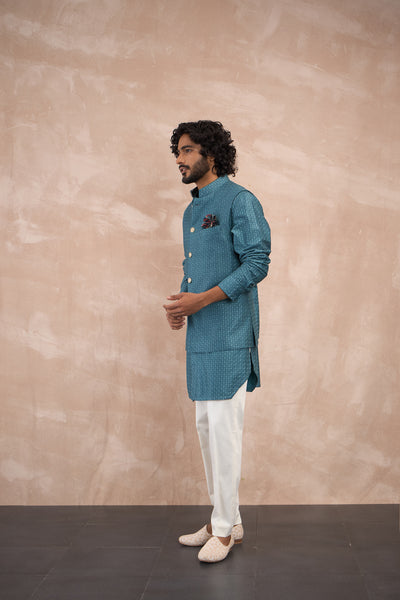 Arjan Dugal Inara Motif Nehru Jacket Set Turquoise indian designer wear online shopping melange singapore