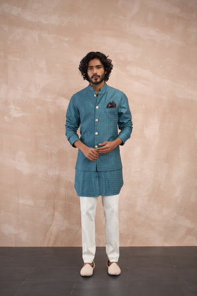 Arjan Dugal Inara Motif Nehru Jacket Turquoise indian designer wear online shopping melange singapore