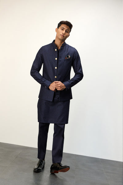 Arjan Dugal Inara Nehru Navy Blue Jacket Set indian designer wear online shopping melange singapore