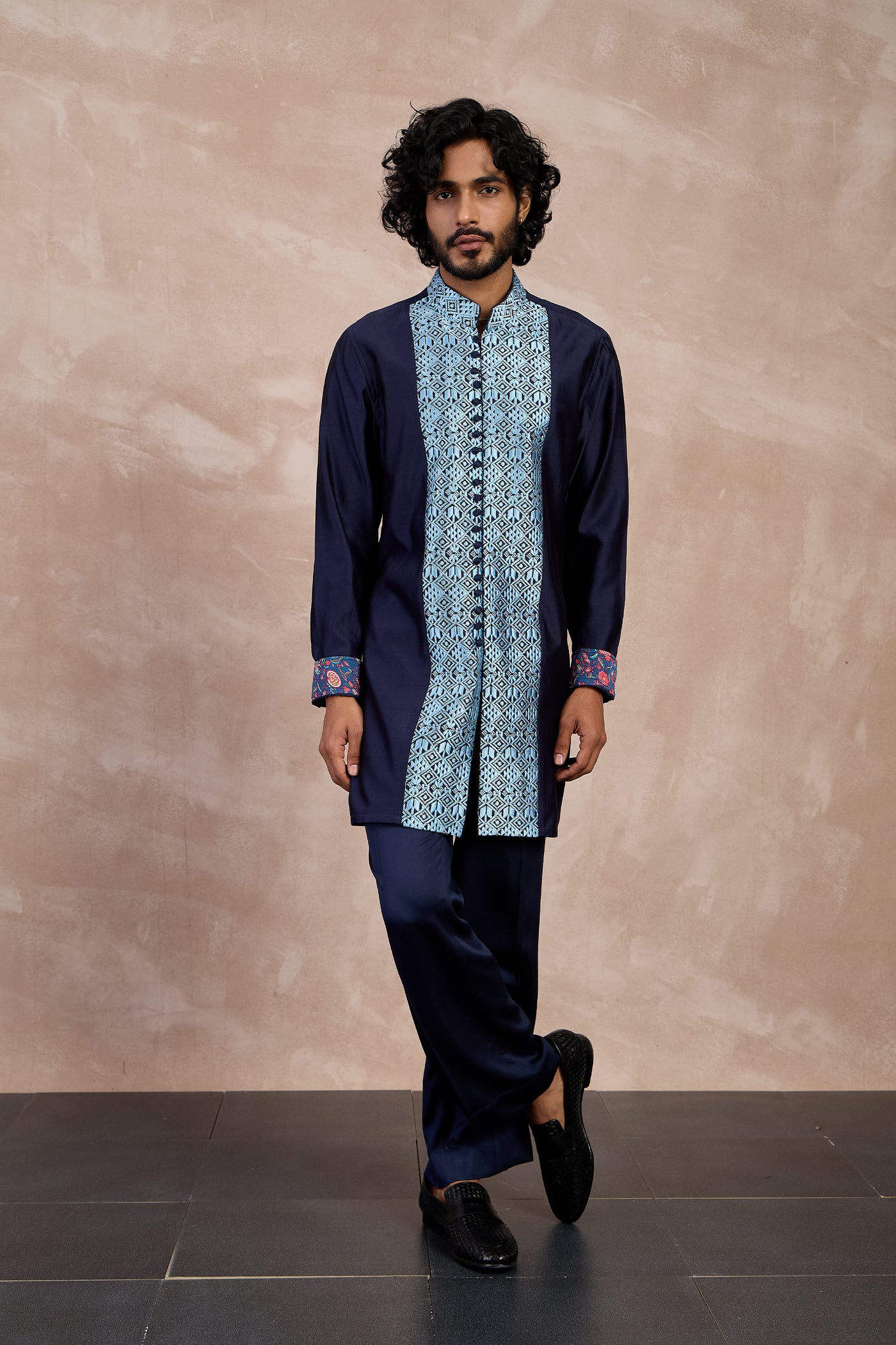 Arjan Dugal Maze Flb Kurta Set Navy indian designer wear online shopping melange singapore