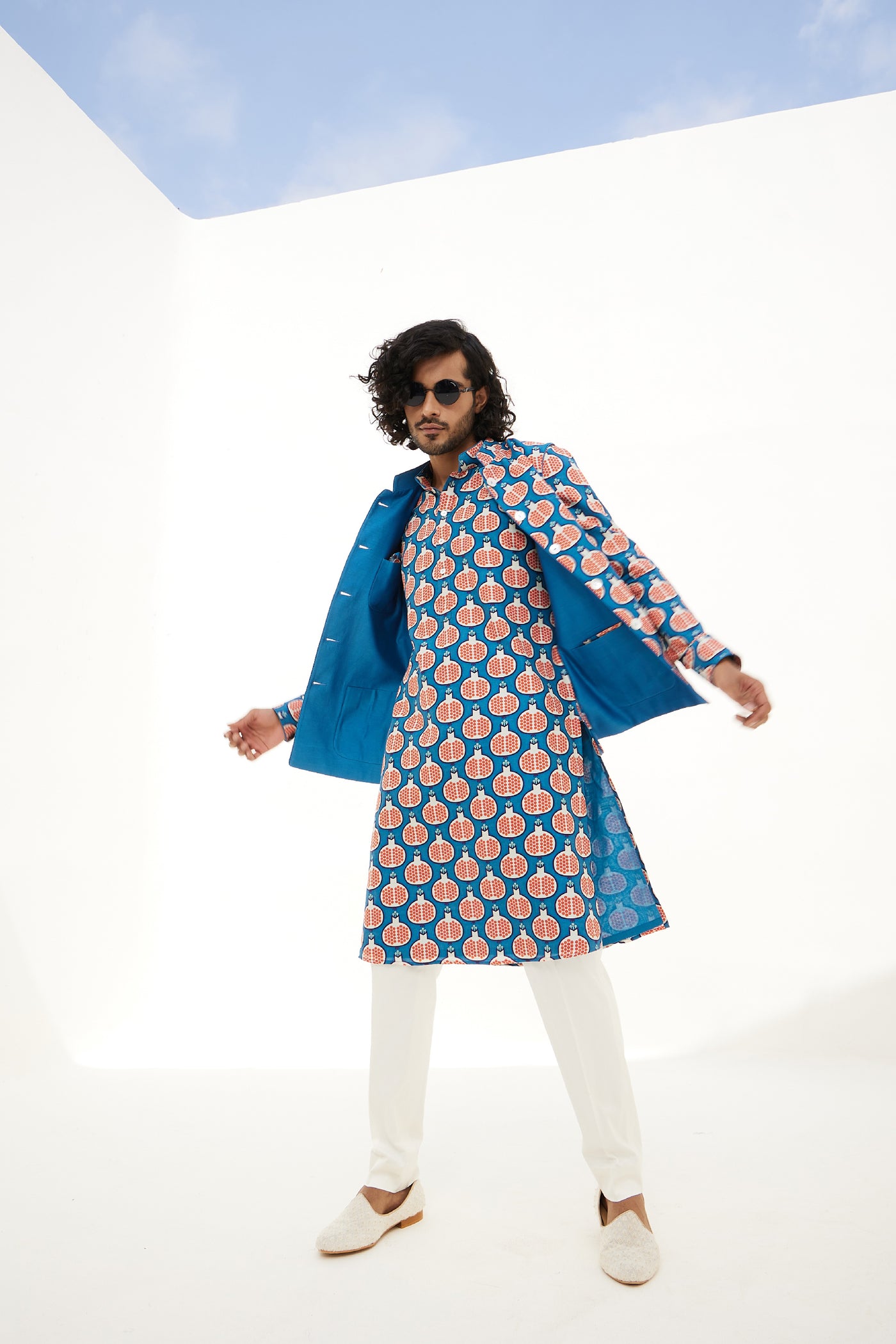 Arjan Dugal Ocean Blue Printed Kurta With Off White Churidar Indian designer wear online shopping melange singapore