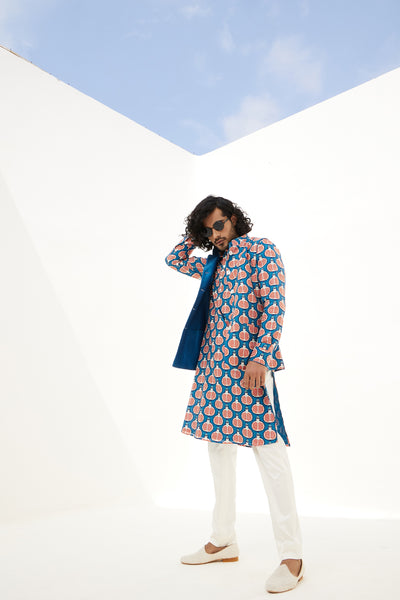 Arjan Dugal Ocean Blue Printed Kurta With Off White Churidar Indian designer wear online shopping melange singapore