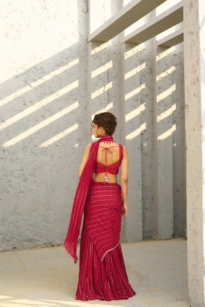 Chamee and Palak Halley Red Pre Draped Saree indian designer wear online shopping melange singapore