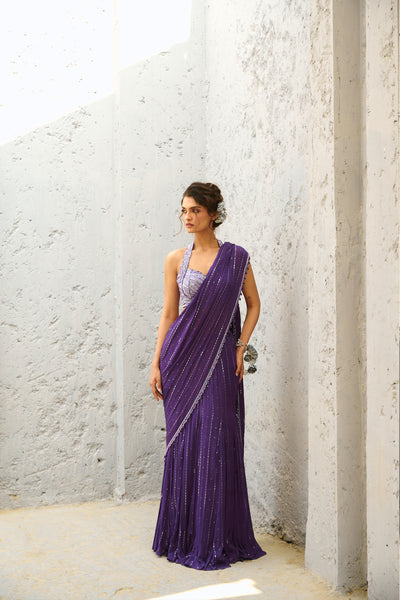 Chamee and Palak Moon Purple Pre Drape Saree indian designer wear online shopping melange singapore
