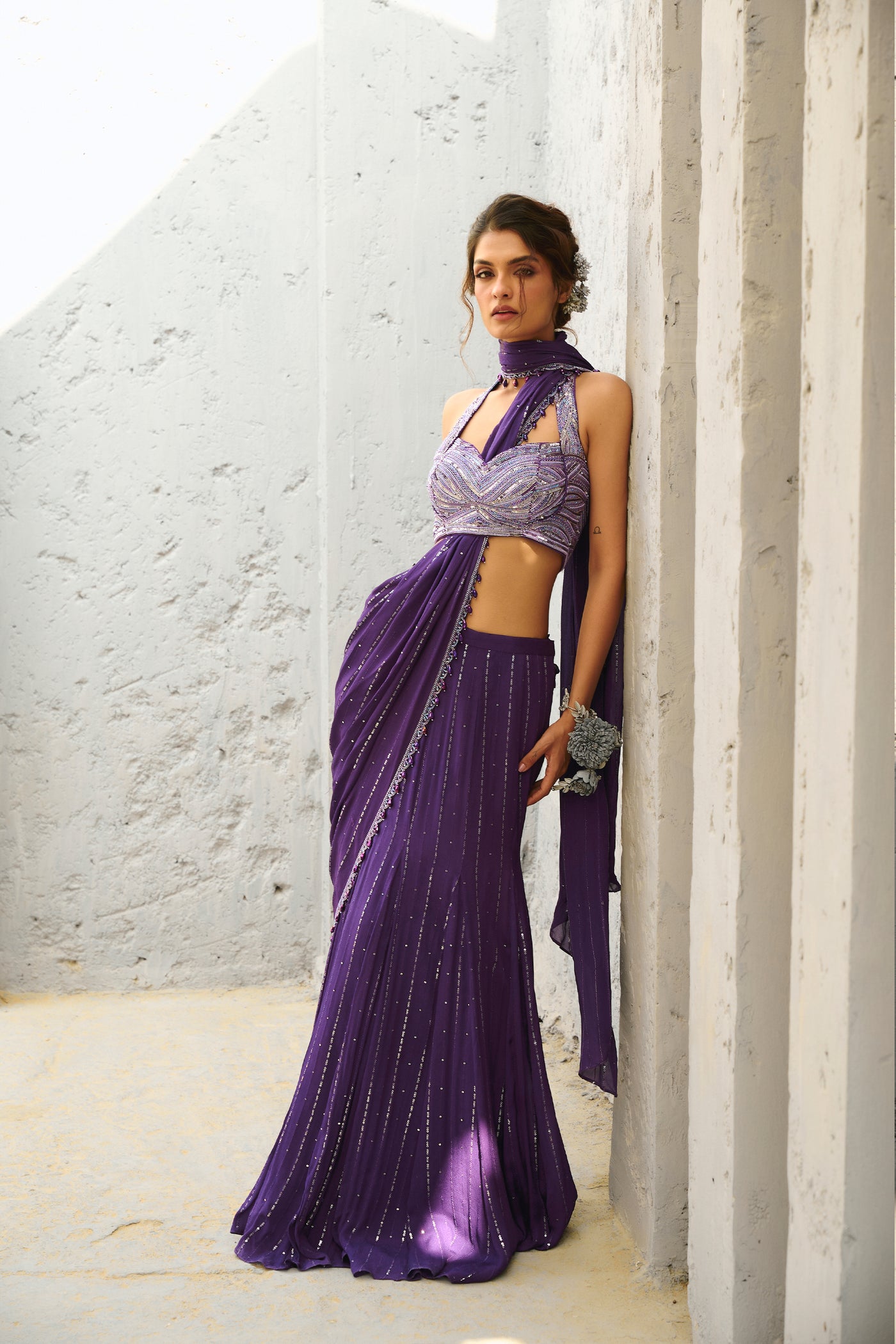 Chamee and Palak Moon Purple Pre Drape Saree indian designer wear online shopping melange singapore
