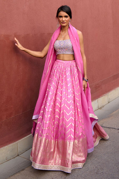 Chamee and Palak Rumi Pink Chevron Lehenga Set indian designer wear online shopping melange singapore