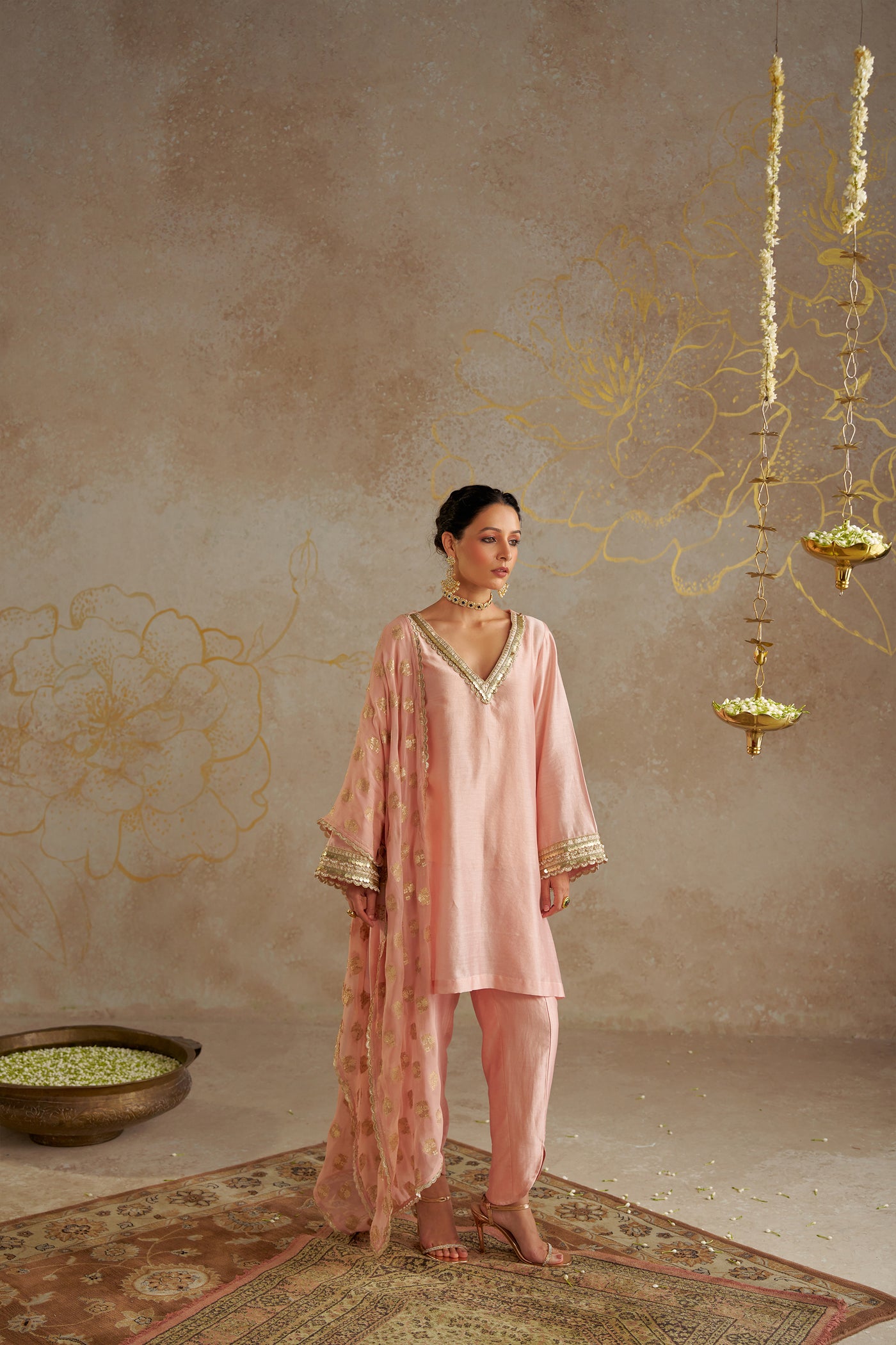 Chhavvi Aggarwal Blush Chanderi Kurta Set indian designer wear online shopping melange singapore