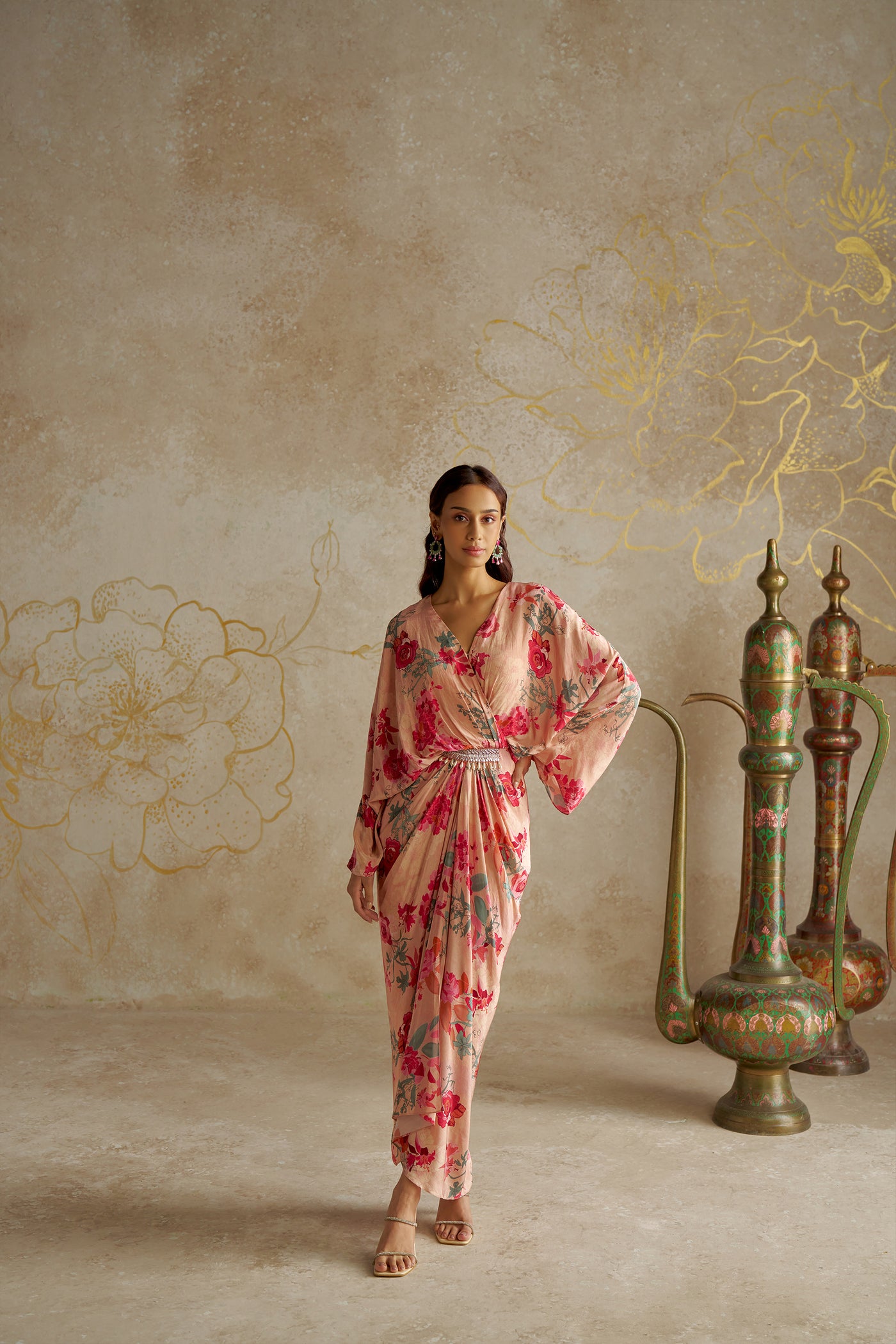 Chhavvi Aggarwal Blush Rose Draped Kaftan Dress indian designer wear online shopping melange singapore