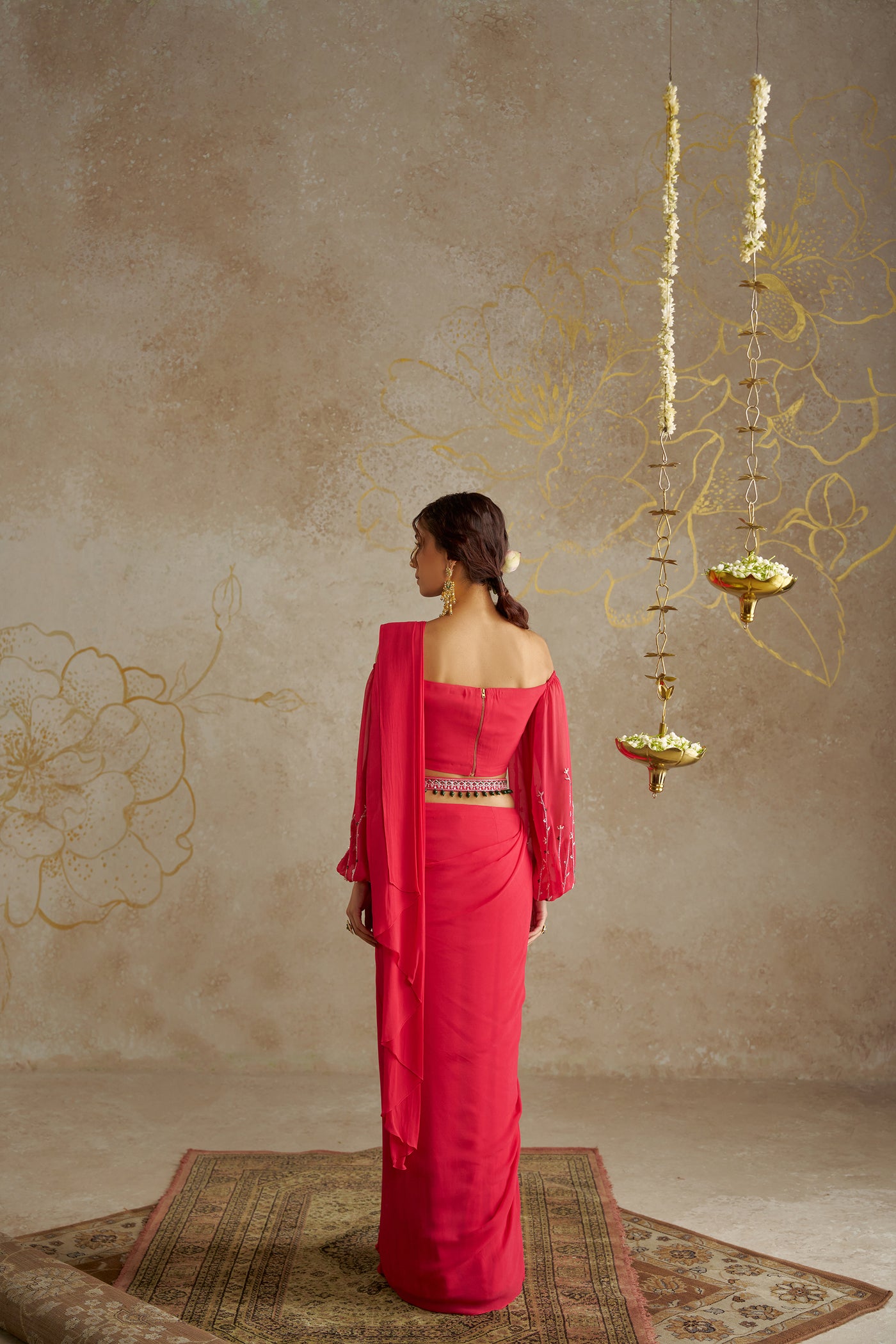 Chhavvi Aggarwal Coral Red Saree with Off-Shoulder Blouse indian designer wear online shopping melange singapore