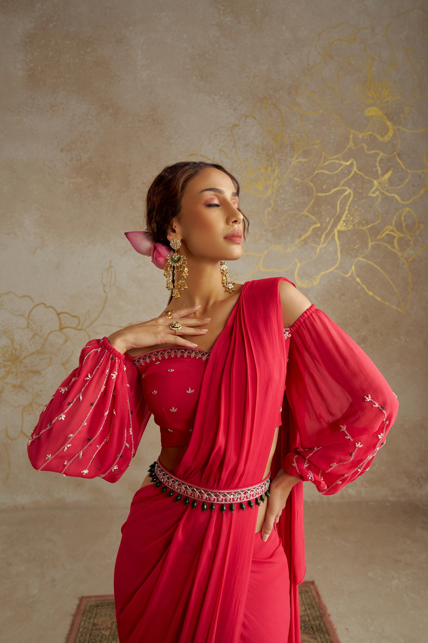 Chhavvi Aggarwal Coral Red Saree with Off-Shoulder Blouse indian designer wear online shopping melange singapore