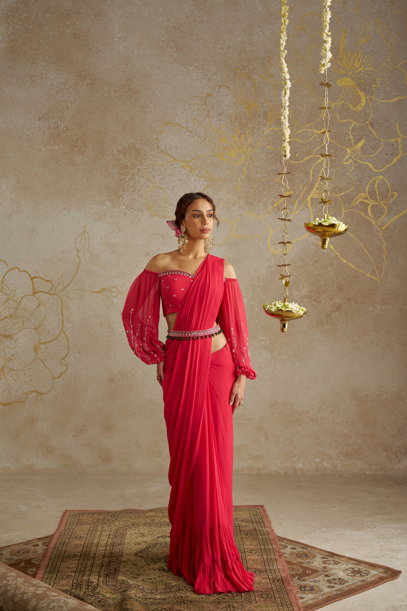 Chhavvi Aggarwal Coral Red Saree with Off-Shoulder Blouse indian designer wear online shopping melange singapore