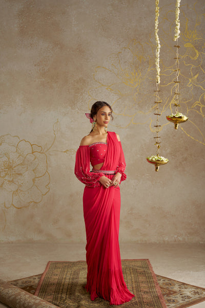 Chhavvi Aggarwal Coral Red Saree with Off-Shoulder Blouse indian designer wear online shopping melange singapore