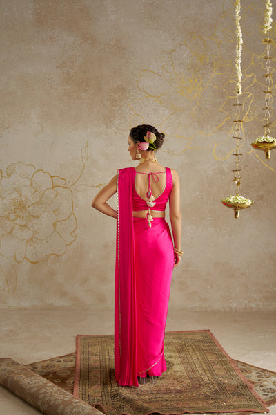 Chhavvi Aggarwal Hot Pink Satin Saree indian designer wear online shopping melange singapore