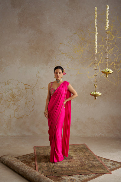 Chhavvi Aggarwal Hot Pink Satin Saree indian designer wear online shopping melange singapore