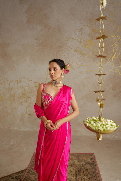 Chhavvi Aggarwal Hot Pink Satin Saree indian designer wear online shopping melange singapore