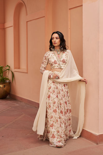 Chhavvi Aggarwal Ivory Printed Lehenga Set indian designer wear online shopping melange singapore