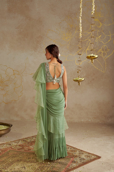 Chhavvi Aggarwal Jade Pre- Draped Frill Saree indian designer wear online shopping melange singapore